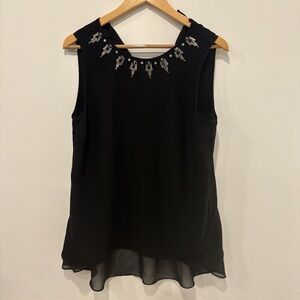Embellished Black Sleeveless Chiffon-Trim Top